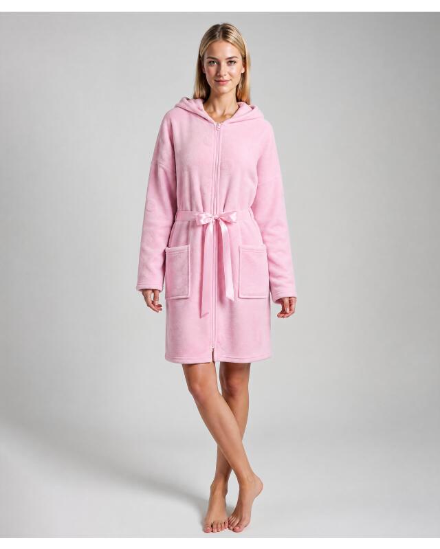 Zip-up fleece dressing gown for women, pink (KiK Fleece-Bademantel mit Reißverschluss (rosa)) — KiK, authentic German product in Morocco