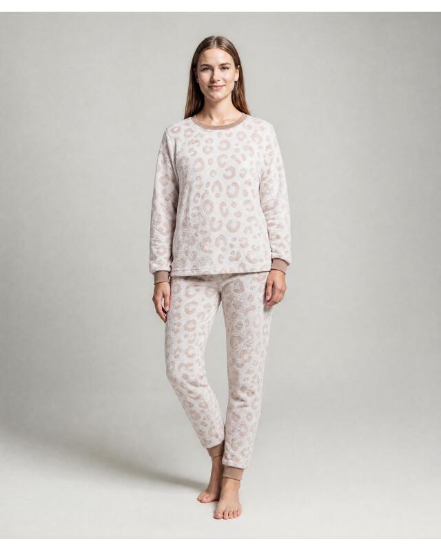 Leopard print fleece pyjamas for women, beige (KiK Fleece-Pyjama Leo (Beige)) — KiK, authentic German product in Morocco
