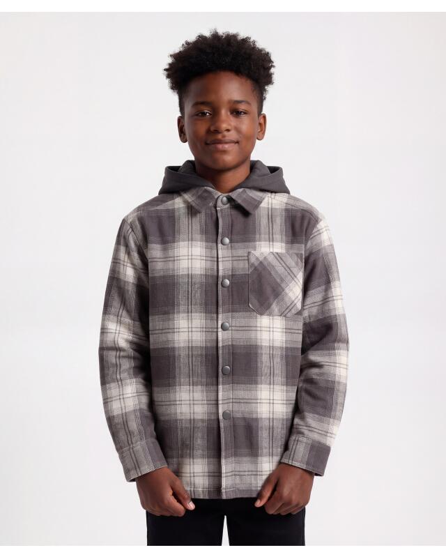 Surchemise à capuche sweat garçon, gris foncé à carreaux (KiK Hemdjacke mit Sweatkapuze (dunkelgrau kariert)) — KiK, produit allemand authentique au Maroc