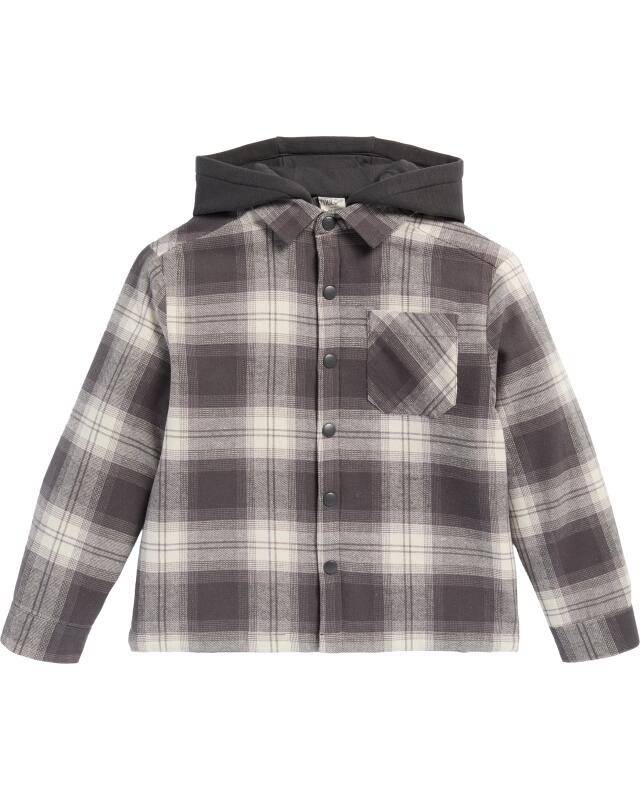Surchemise à capuche sweat garçon, gris foncé à carreaux (KiK Hemdjacke mit Sweatkapuze (dunkelgrau kariert)) — KiK, produit allemand authentique au Maroc
