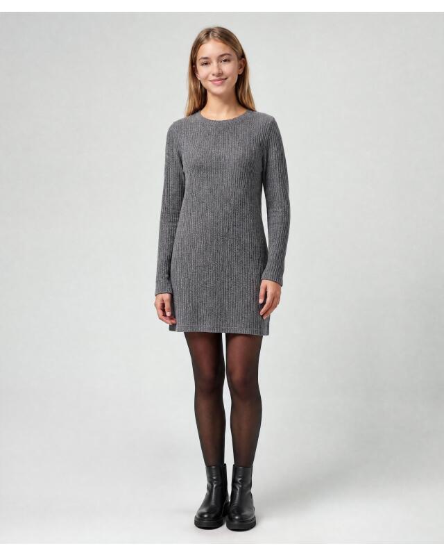 Robe en tissu côtelé fille, noir chiné (KiK Kleid aus Rippstoff (schwarz melange)) — KiK, produit allemand authentique au Maroc