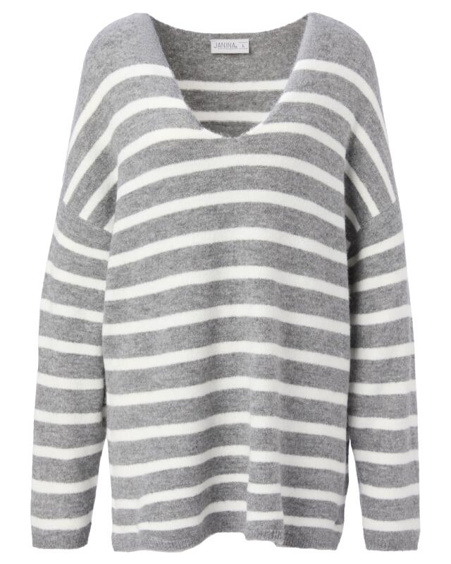 Pull en maille fine à rayures femme, gris chiné/blanc (KiK Feinstrickpullover mit Streifenmuster (grau melange/weiß)) — KiK, produit allemand authentique au Maroc