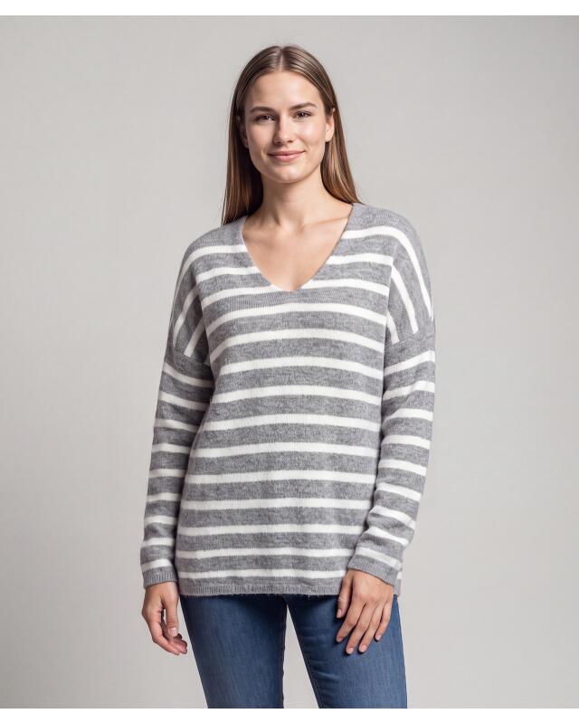 Fine-knit striped jumper for women, grey marl/white (KiK Feinstrickpullover mit Streifenmuster (grau melange/weiß)) — KiK, authentic German product in Morocco