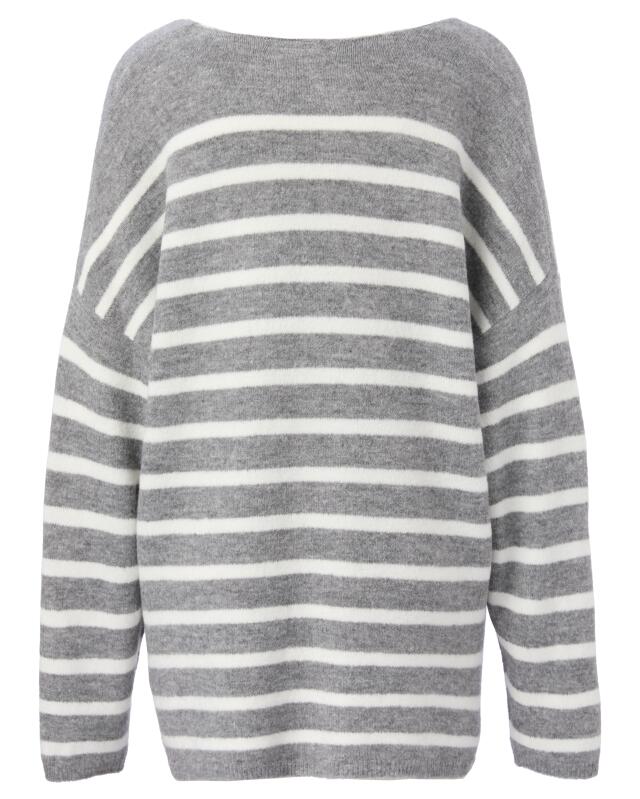 Pull en maille fine à rayures femme, gris chiné/blanc (KiK Feinstrickpullover mit Streifenmuster (grau melange/weiß)) — KiK, produit allemand authentique au Maroc
