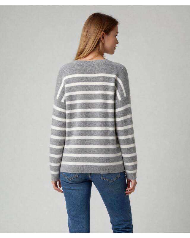 Pull en maille fine à rayures femme, gris chiné/blanc (KiK Feinstrickpullover mit Streifenmuster (grau melange/weiß)) — KiK, produit allemand authentique au Maroc