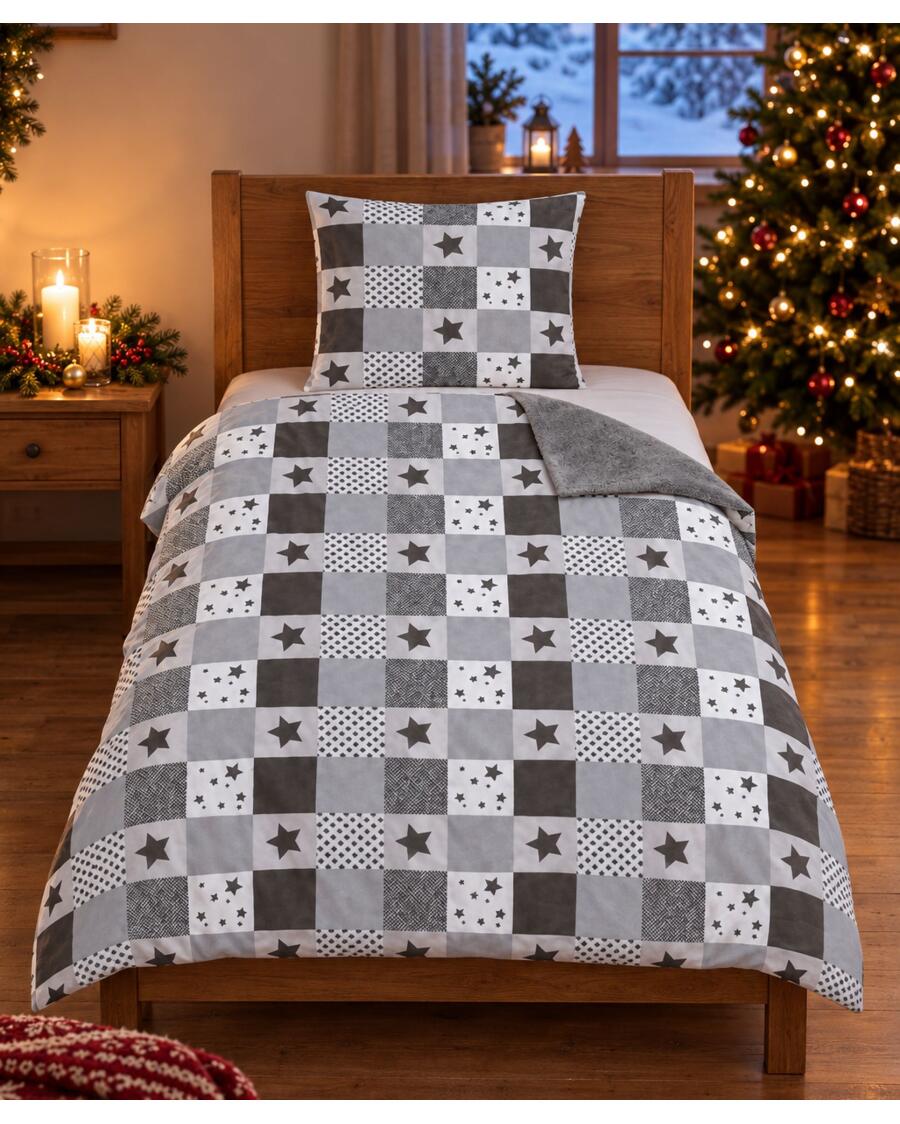 Fleece-Wendebettwäsche mit Karomuster, dunkelgrau