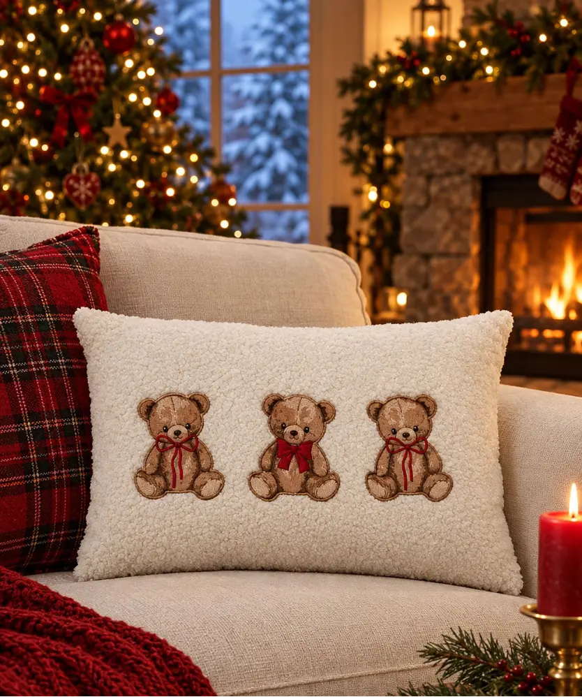 Weihnachtliches Kissen aus Teddyfleece, rot/weiß