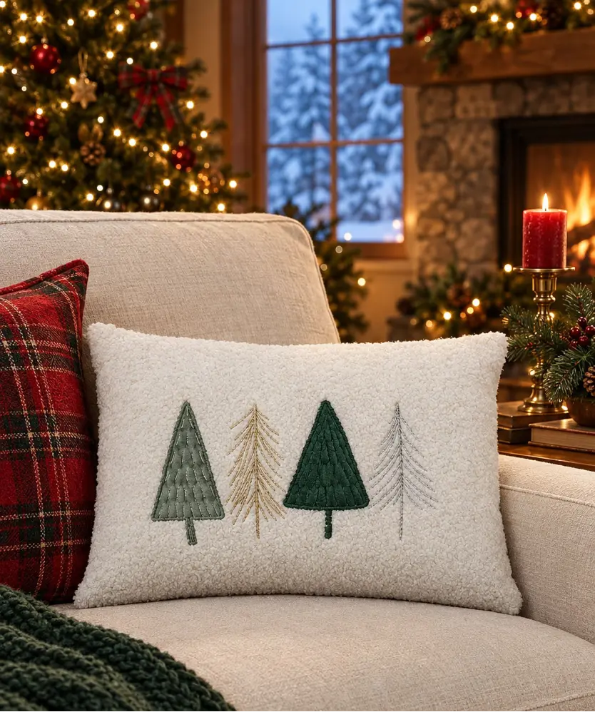 Weihnachtliches Kissen aus Teddyfleece, grün/weiß