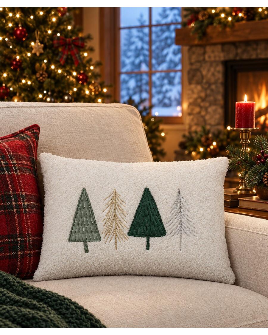 Weihnachtliches Kissen aus Teddyfleece, grün/weiß