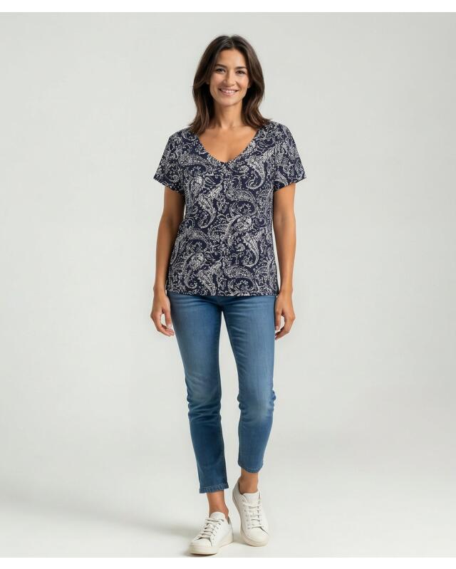 T-shirt manches courtes en viscose femme, bleu/blanc (KiK Viskose-Shirt Kurzarm (blau/weiß)) — KiK, produit allemand authentique au Maroc