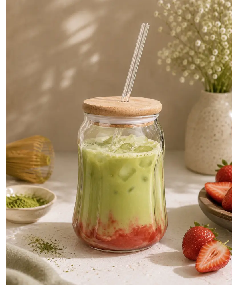 Trinkglas mit Bambusdeckel, transparent