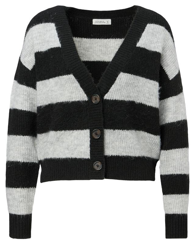 Gilet rayé femme, noir/gris chiné (KiK Gestreifte Strickjacke (schwarz/grau melange)) — KiK, produit allemand authentique au Maroc