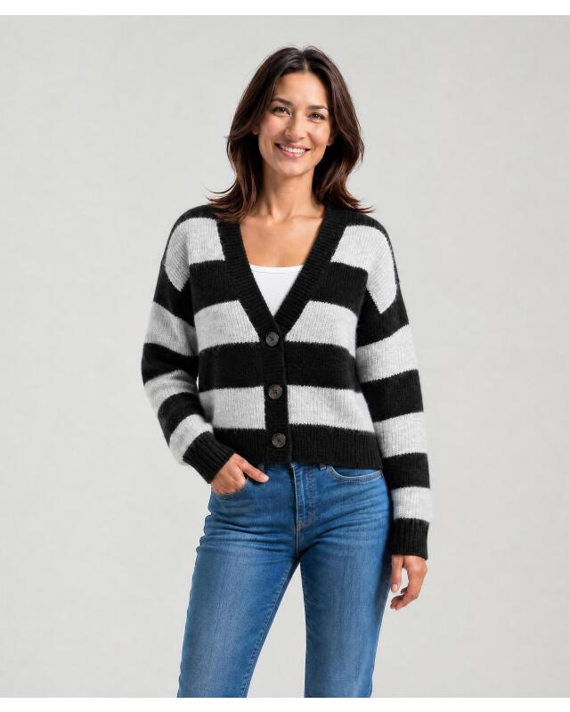 Gilet rayé femme, noir/gris chiné (KiK Gestreifte Strickjacke (schwarz/grau melange)) — KiK, produit allemand authentique au Maroc