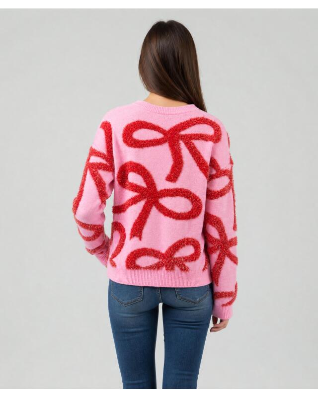 Fine-knit jumper with glitter bows for women, pink (KiK Feinstrickpullover mit Glitzerschleifen (rosa)) — KiK, authentic German product in Morocco