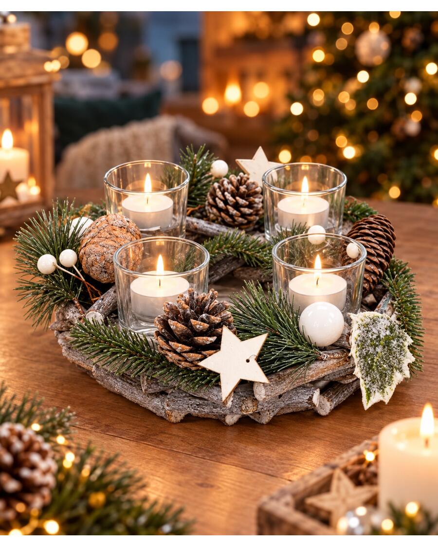 Adventskranz mit Teelichthaltern, naturfarben
