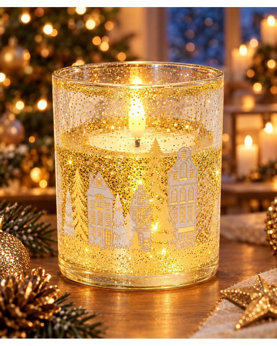 LED-Gelkerze mit Weihnachtsmotiven, gold