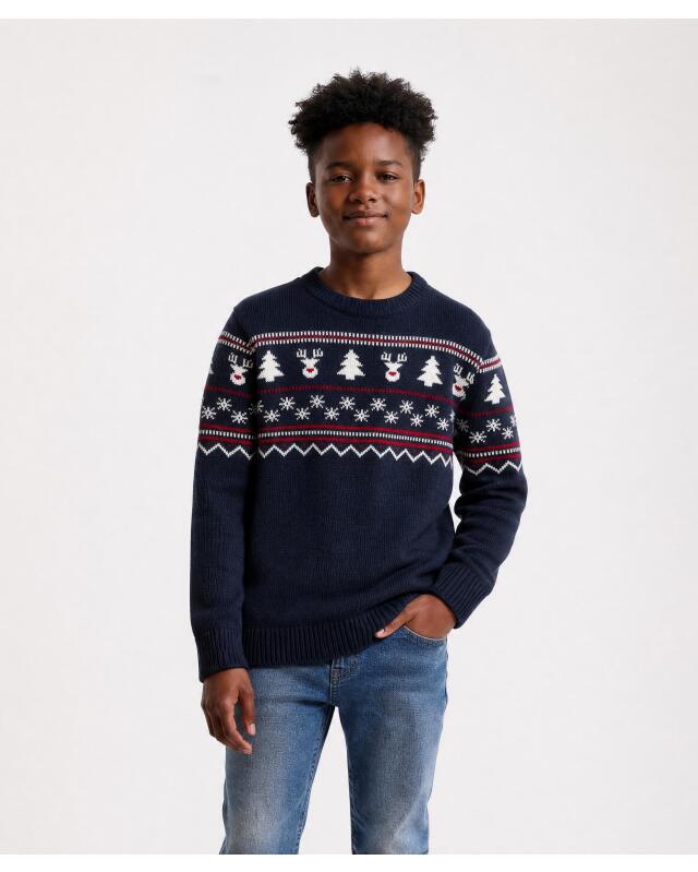 Pull en maille de Noël garçon, bleu marine (KiK Weihnachtlicher Strickpullover (dunkelblau)) — KiK, produit allemand authentique au Maroc