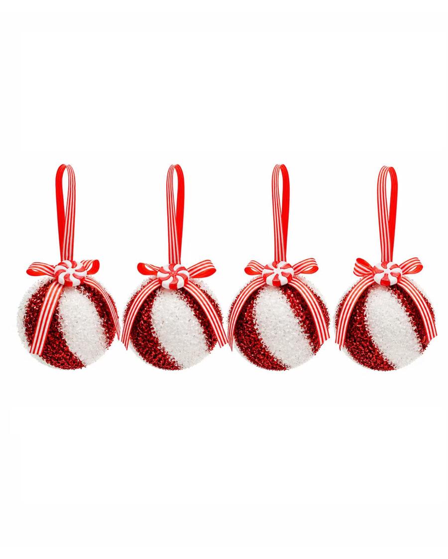 Christbaumkugeln mit Schleife, rot/weiß