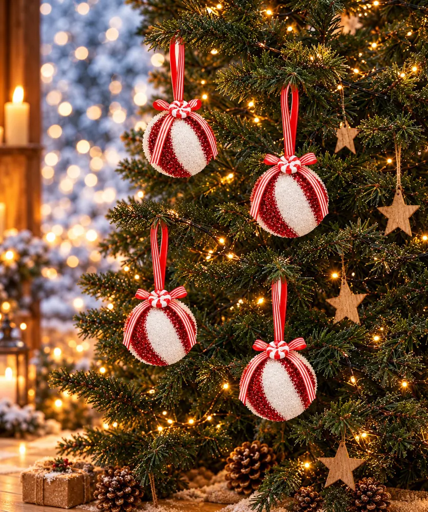 Christbaumkugeln mit Schleife, rot/weiß
