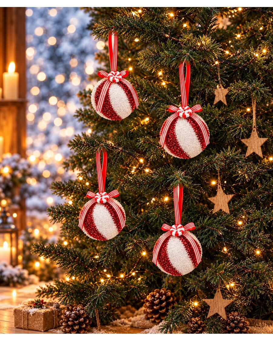 Christbaumkugeln mit Schleife, rot/weiß