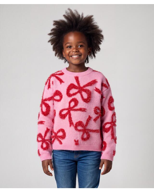 Pull en maille à nœuds pailletés fille, rose — KiK, produit allemand authentique au Maroc