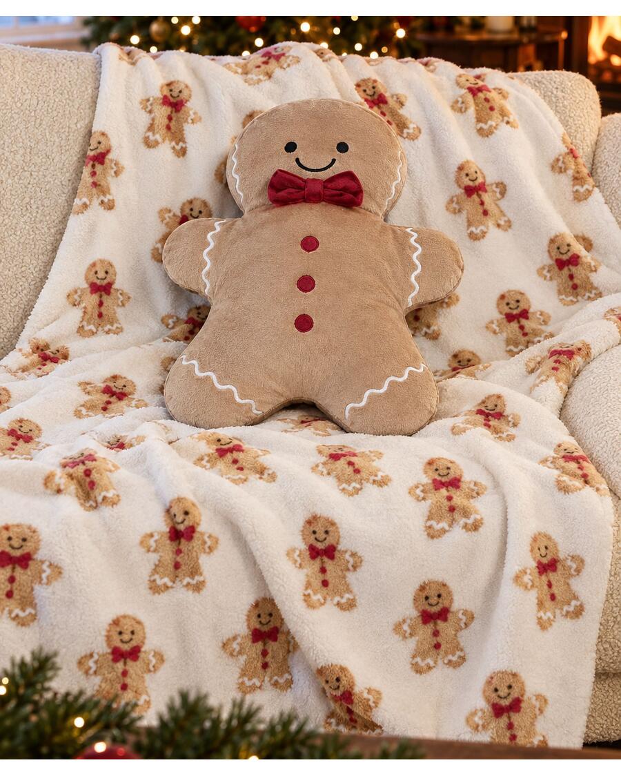 Kuscheldecke + Formkissen Weihnachten, offwhite bedruckt