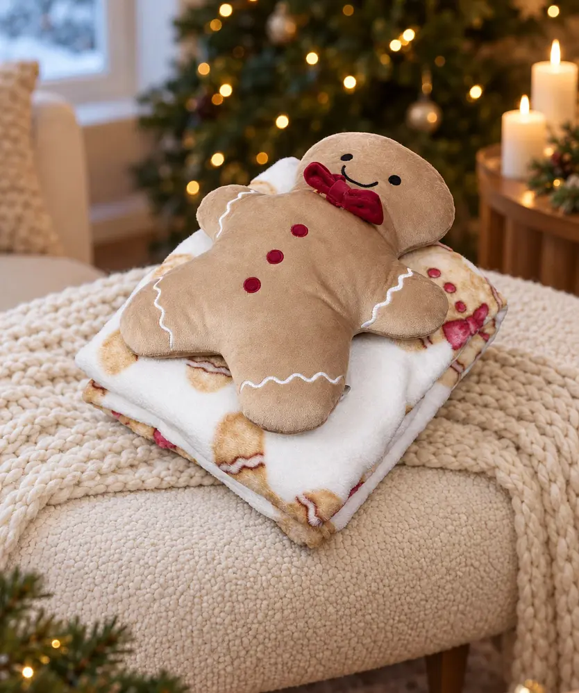 Kuscheldecke + Formkissen Weihnachten, offwhite bedruckt