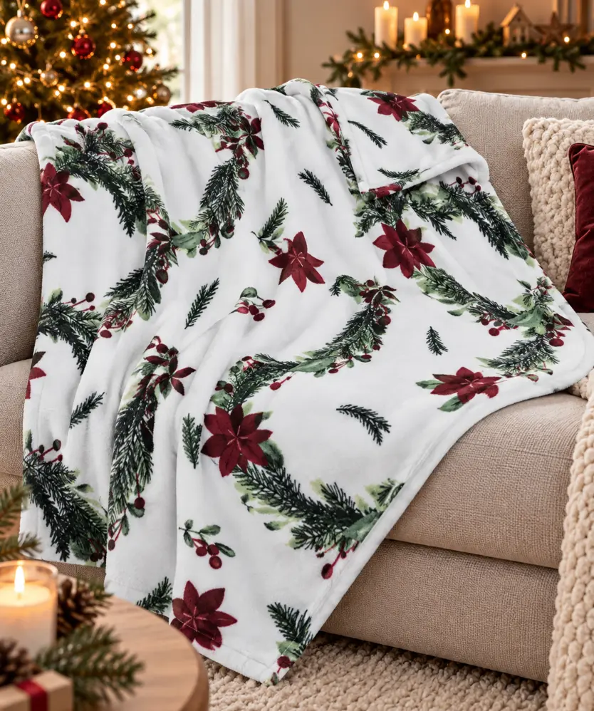 Kuscheldecke Weihnachten, weiß bedruckt