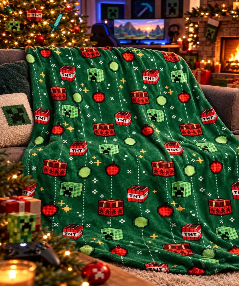 Kuscheldecke Weihnachten, grün bedruckt, Minecraft