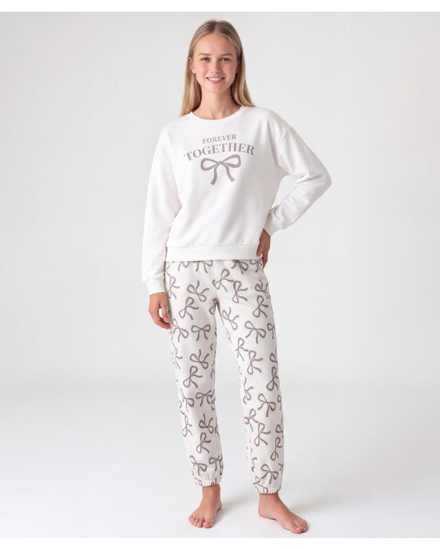 سويت شيرت + سروال جوغينغ بفيونكات للبنات، كريمي (KiK Sweatshirt + Jogginghose mit Schleifen (creme)) — KiK, منتج ألماني أصلي في المغرب