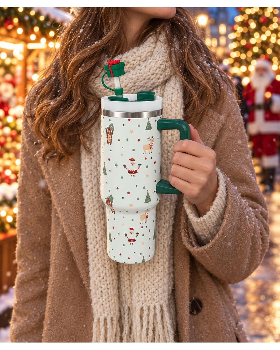 Thermobecher Weihnachten, weiß gemustert