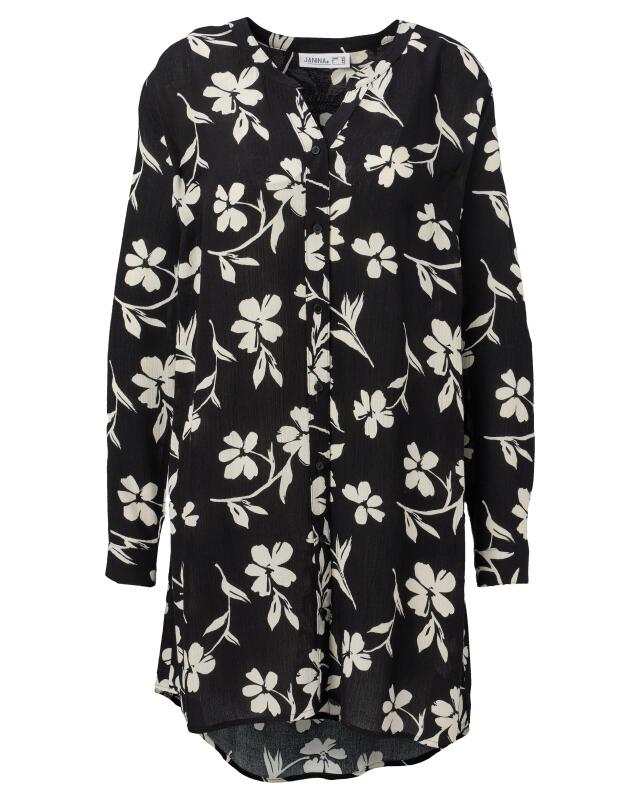 Floral longline blouse for women, black printed (KiK Longbluse mit Blumen (schwarz bedruckt)) — KiK, authentic German product in Morocco
