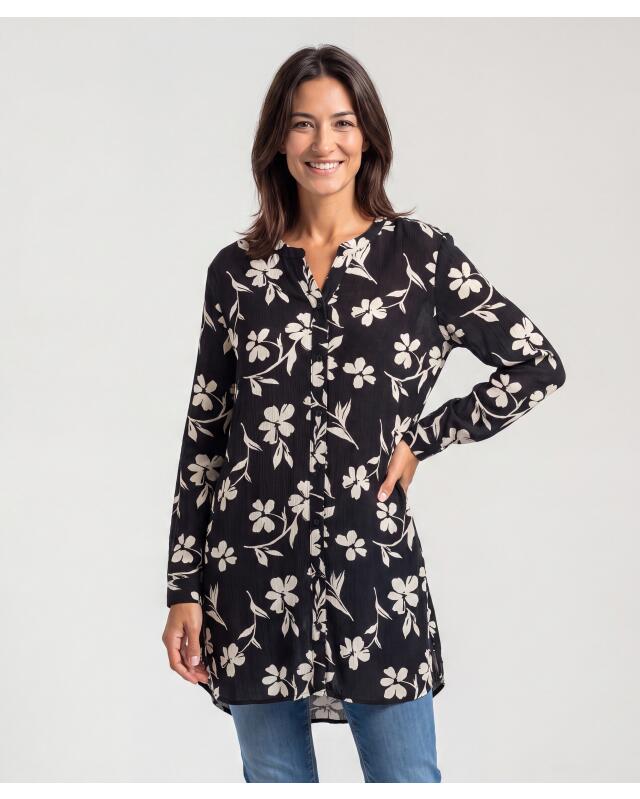 Floral longline blouse for women, black printed — KiK, authentic German product in Morocco
