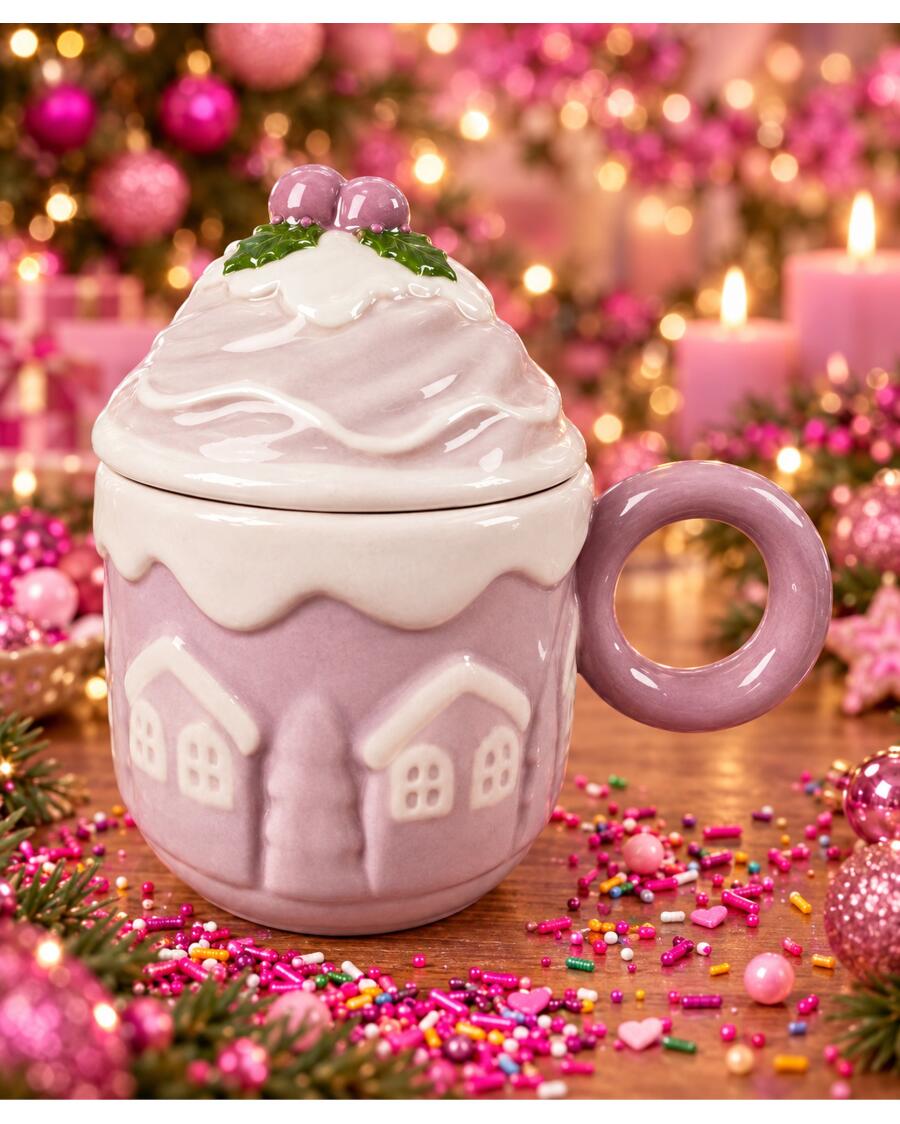 Tasse mit Deckel Weihnachten, flieder